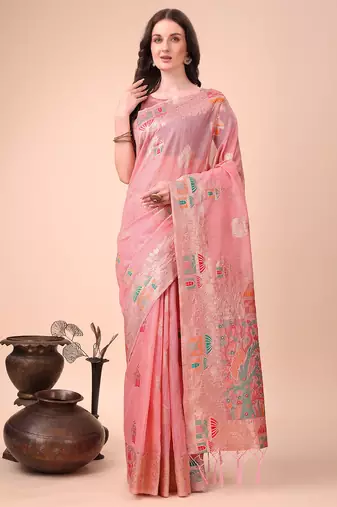 pink color woven work linen cotton saree