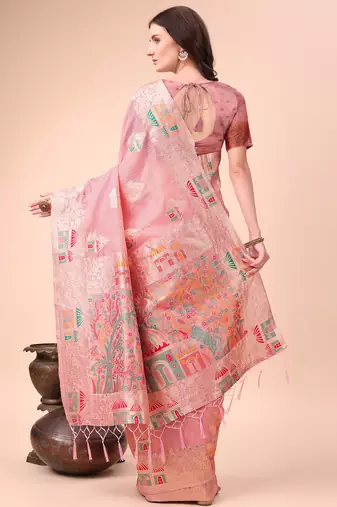 pink color woven work linen cotton saree