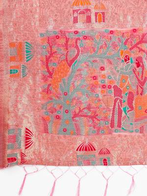 pink color woven work linen cotton saree 4