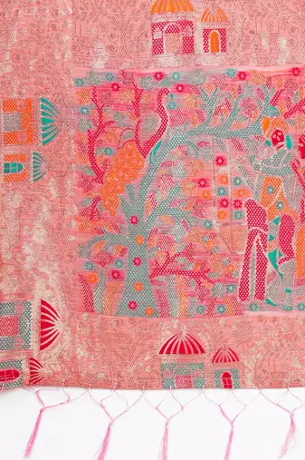pink color woven work linen cotton saree