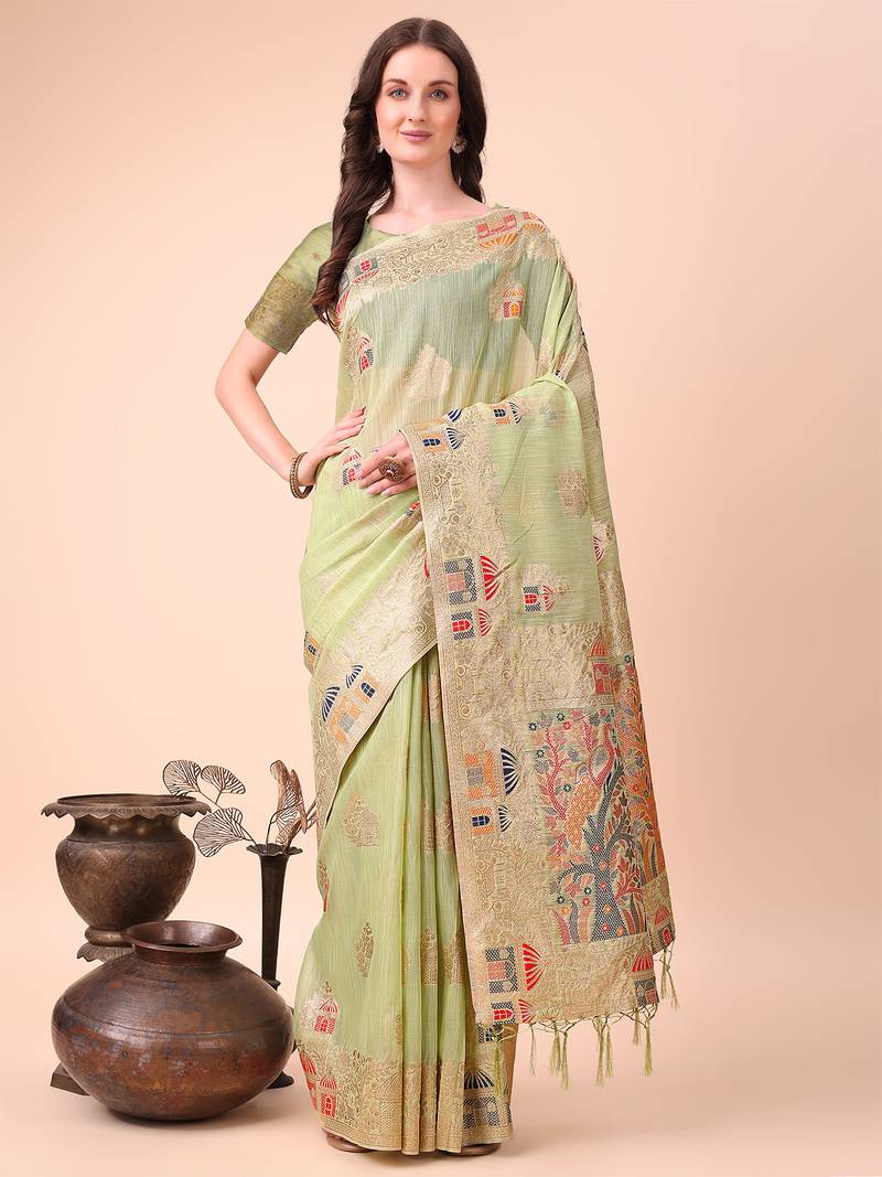 light green color woven work linen cotton saree