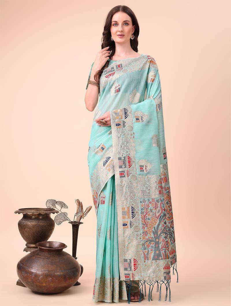 sky blue color woven work linen cotton saree