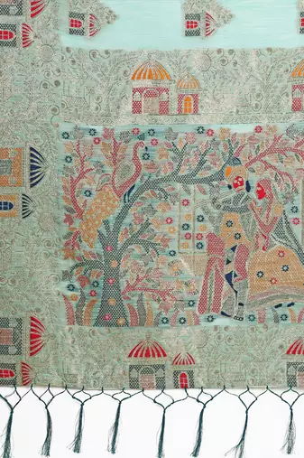 sky blue color woven work linen cotton saree