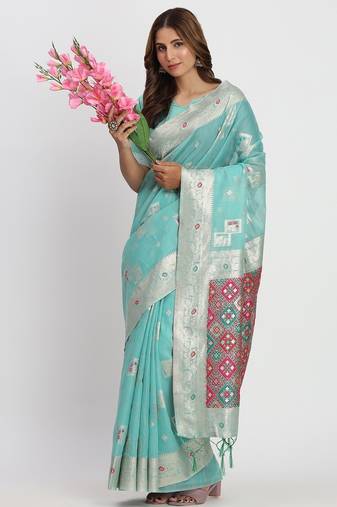 sea green color woven work linen cotton saree