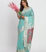 sea green color woven work linen cotton saree