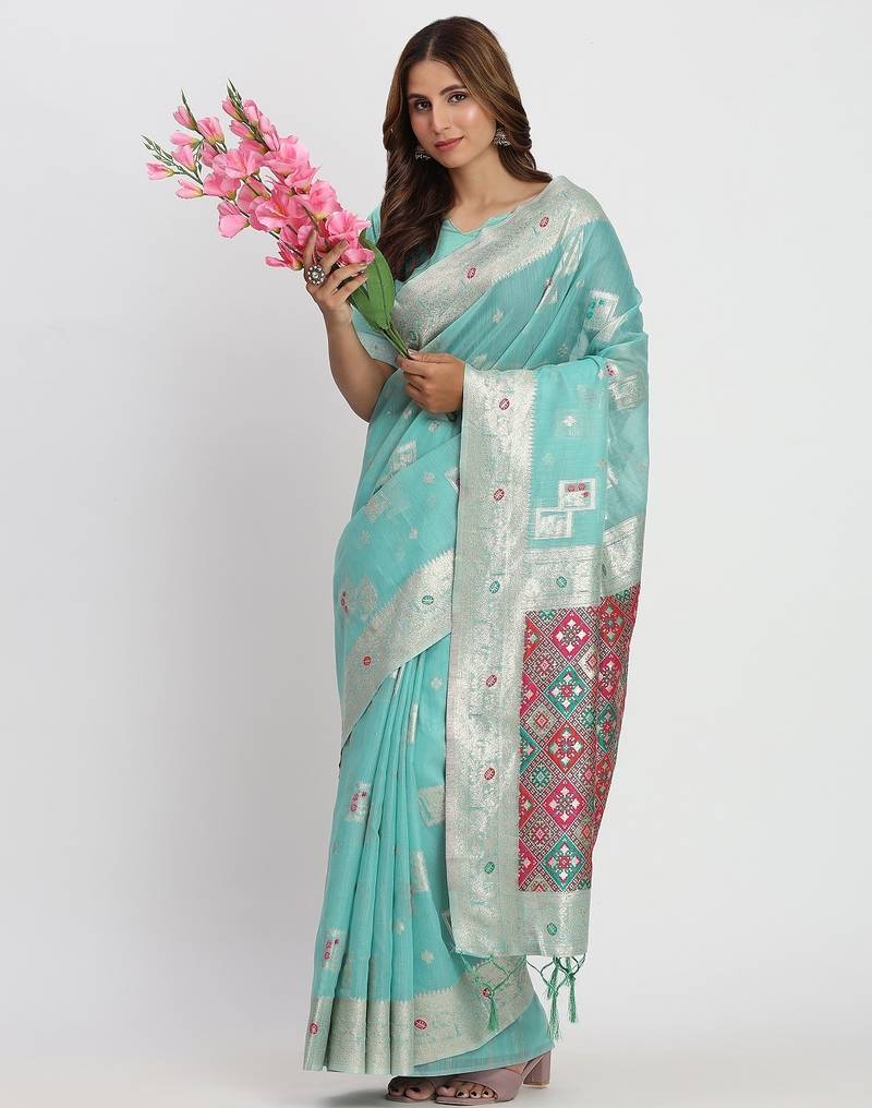 sea green color woven work linen cotton saree