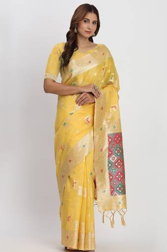 yellow color woven work linen cotton saree
