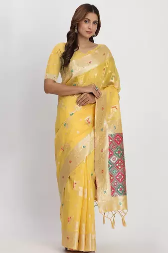 yellow color woven work linen cotton saree