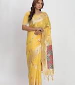yellow color woven work linen cotton saree
