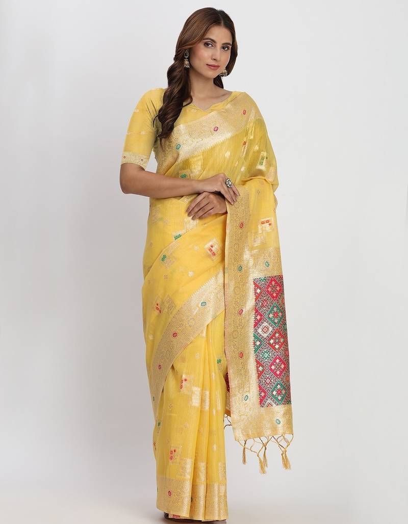 yellow color woven work linen cotton saree