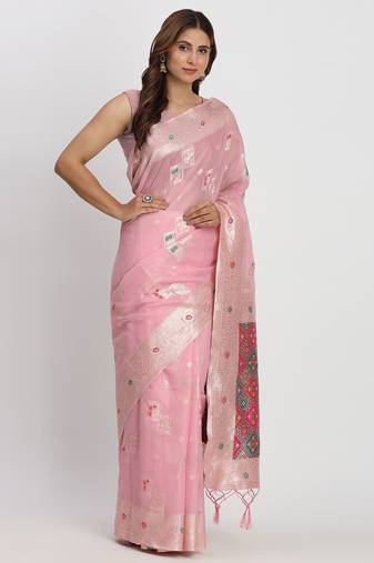 light pink color woven work linen cotton saree