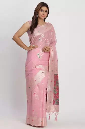 light pink color woven work linen cotton saree