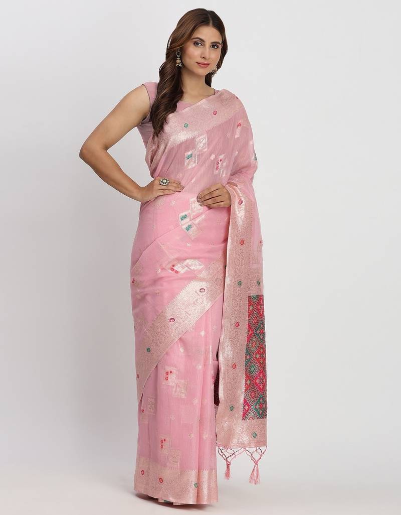 light pink color woven work linen cotton saree