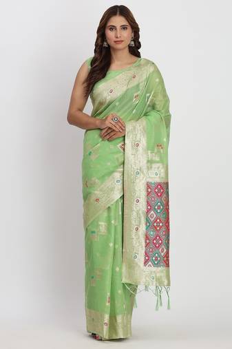 light green color woven work linen cotton saree