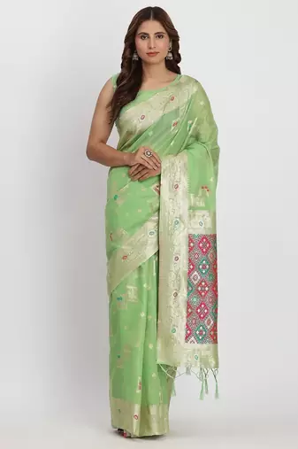 light green color woven work linen cotton saree