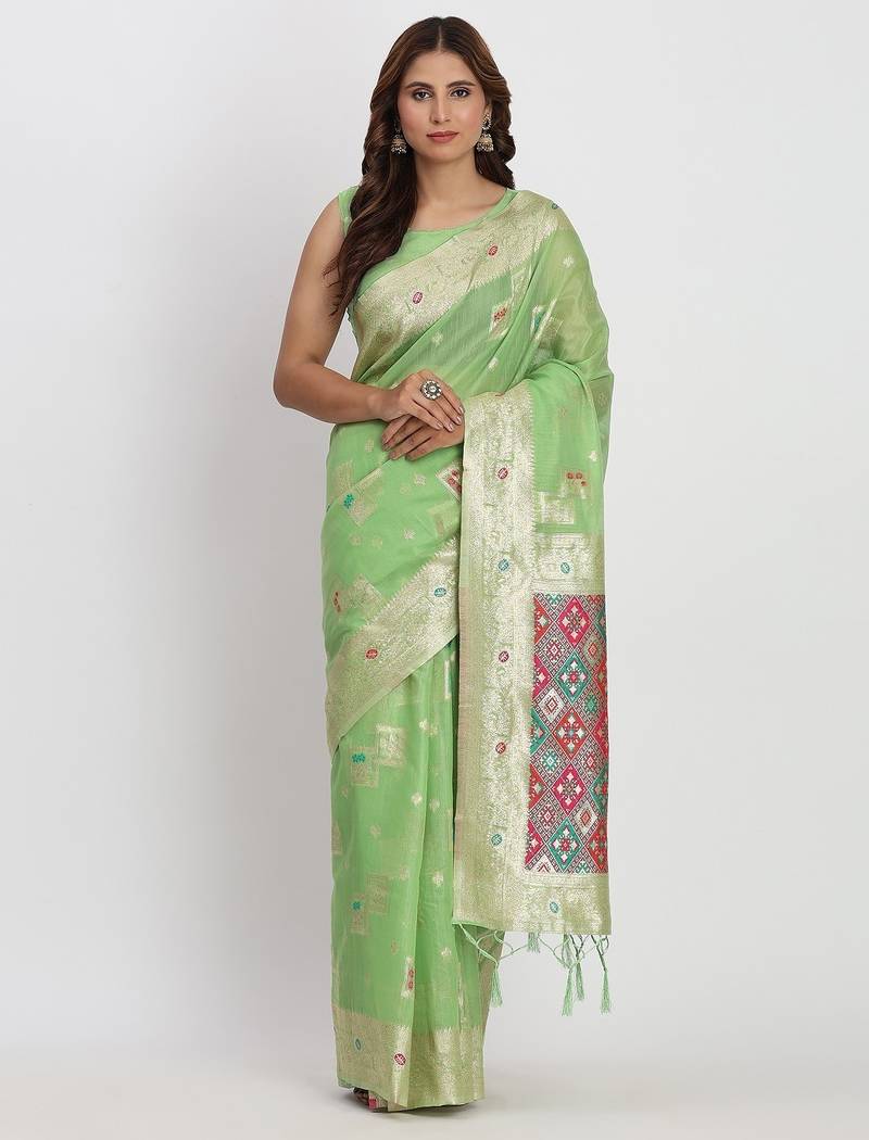 light green color woven work linen cotton saree