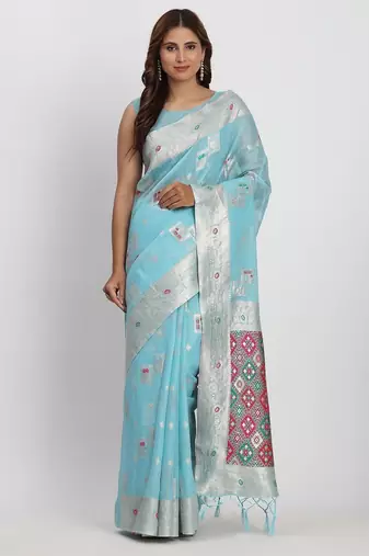sky blue color woven work linen cotton saree