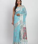 sky blue color woven work linen cotton saree