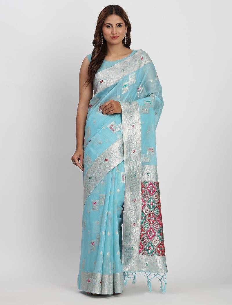 sky blue color woven work linen cotton saree
