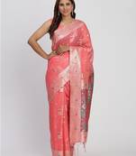peach color woven work linen cotton saree