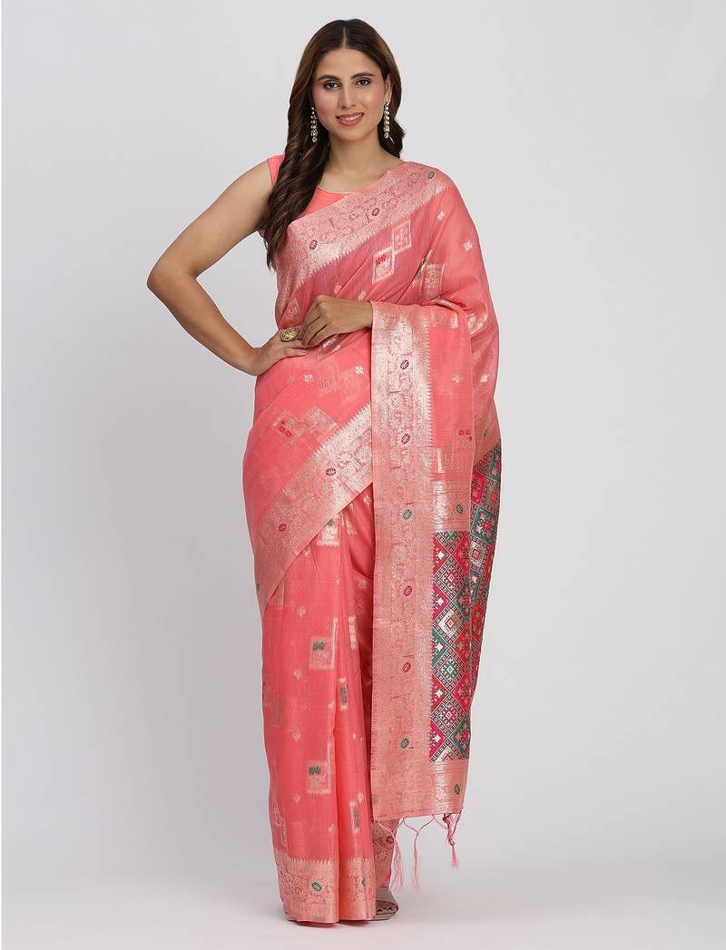 peach color woven work linen cotton saree
