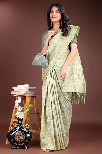 light green color woven work linen cotton saree