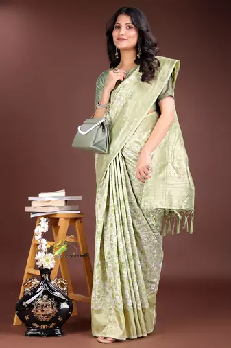 light green color woven work linen cotton saree