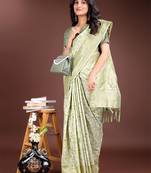 light green color woven work linen cotton saree
