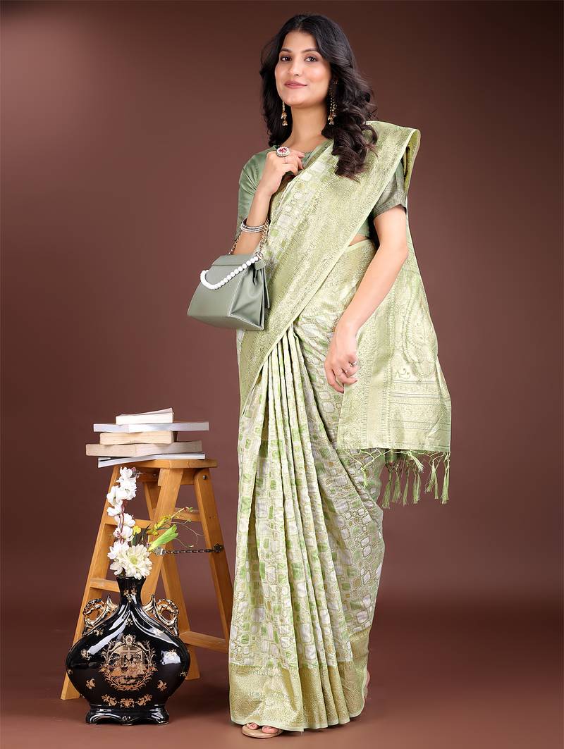 light green color woven work linen cotton saree