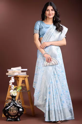 sky blue color woven work linen cotton saree
