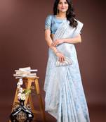 sky blue color woven work linen cotton saree