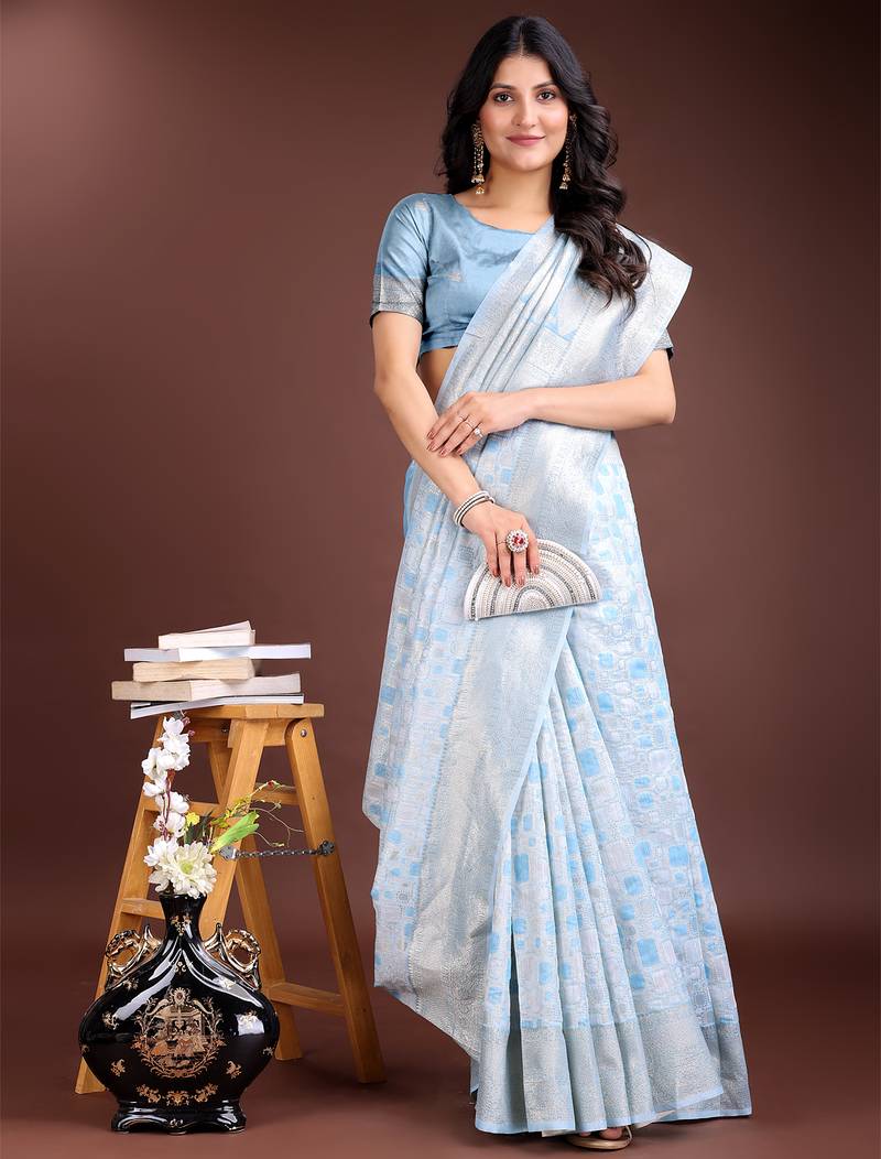 sky blue color woven work linen cotton saree