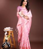 pink color woven work linen cotton saree