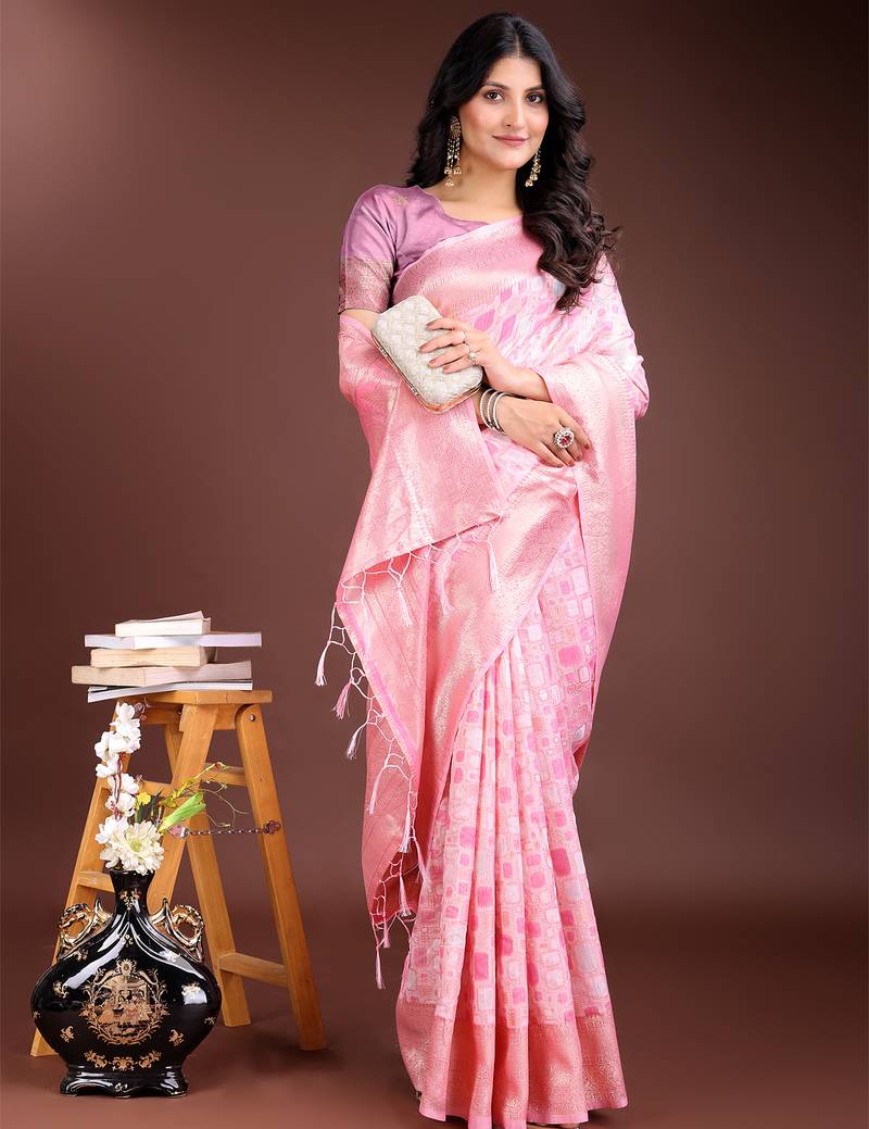 pink color woven work linen cotton saree