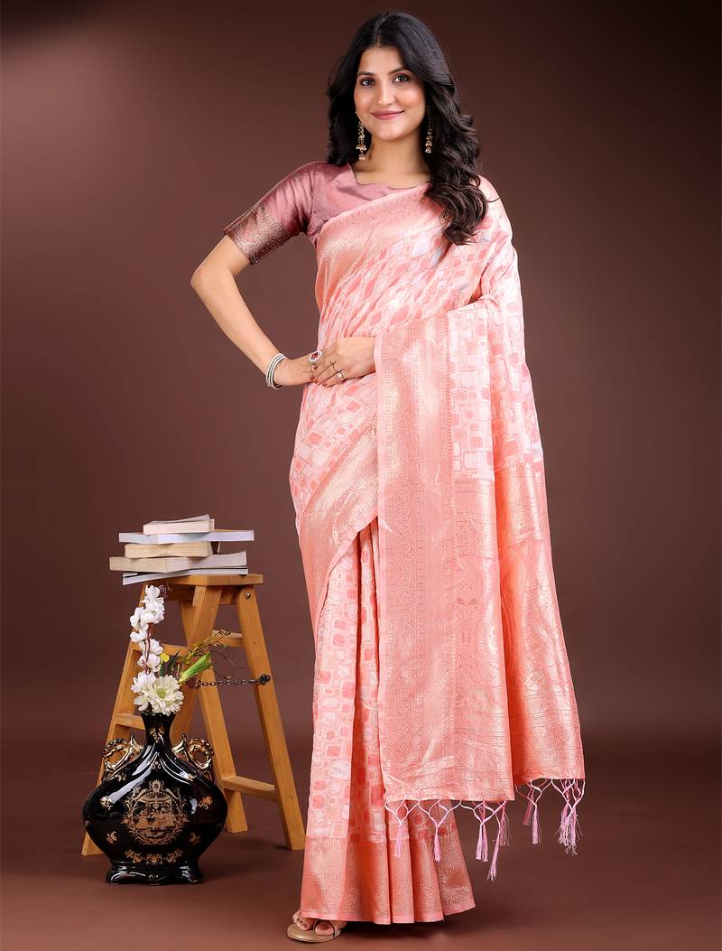 peach color woven work linen cotton saree