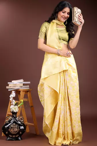 yellow color woven work linen cotton saree