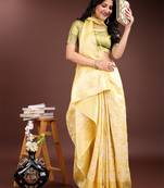 yellow color woven work linen cotton saree