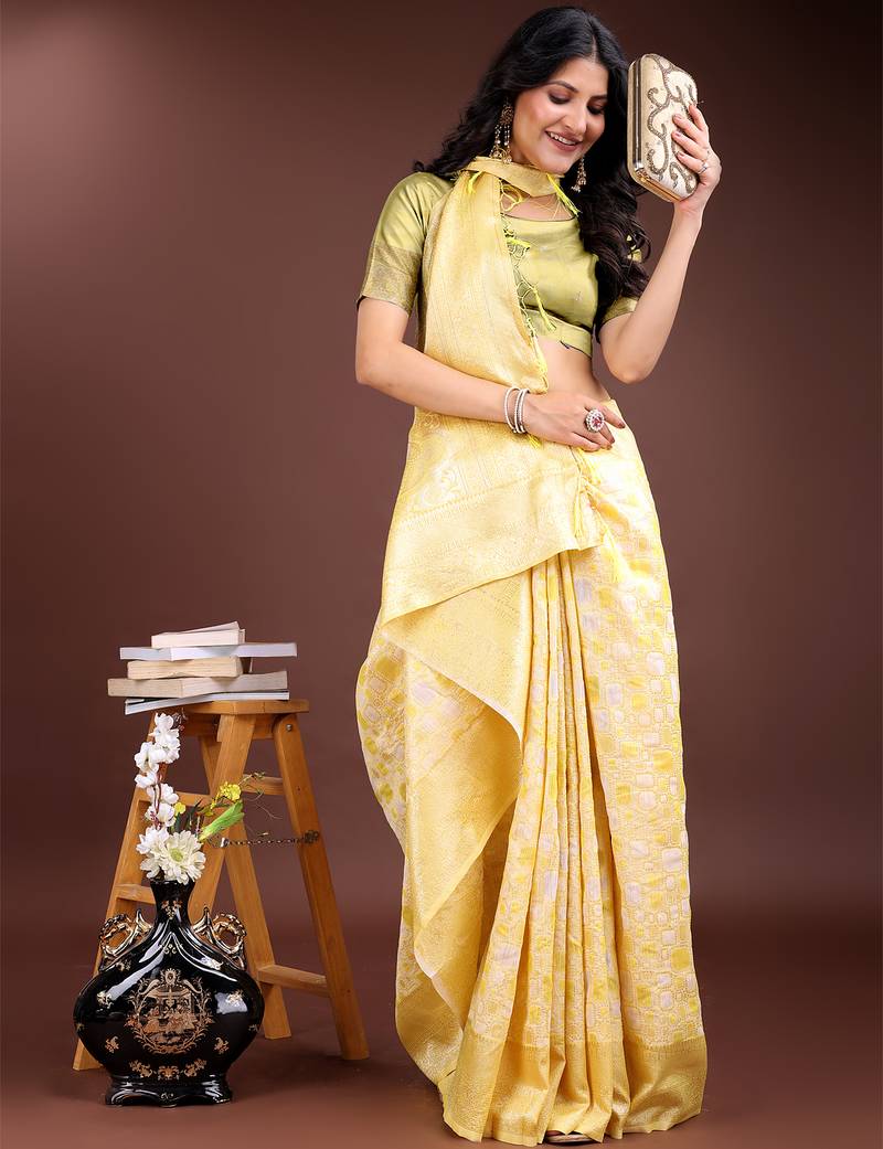 yellow color woven work linen cotton saree