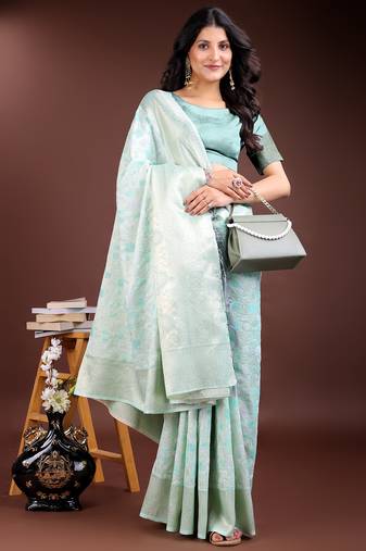 sea green color woven work linen cotton saree