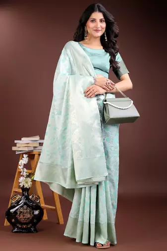 sea green color woven work linen cotton saree