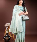 sea green color woven work linen cotton saree