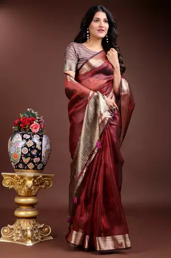 red color solid zari border plain orgenza saree