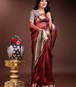 red color solid zari border plain orgenza saree