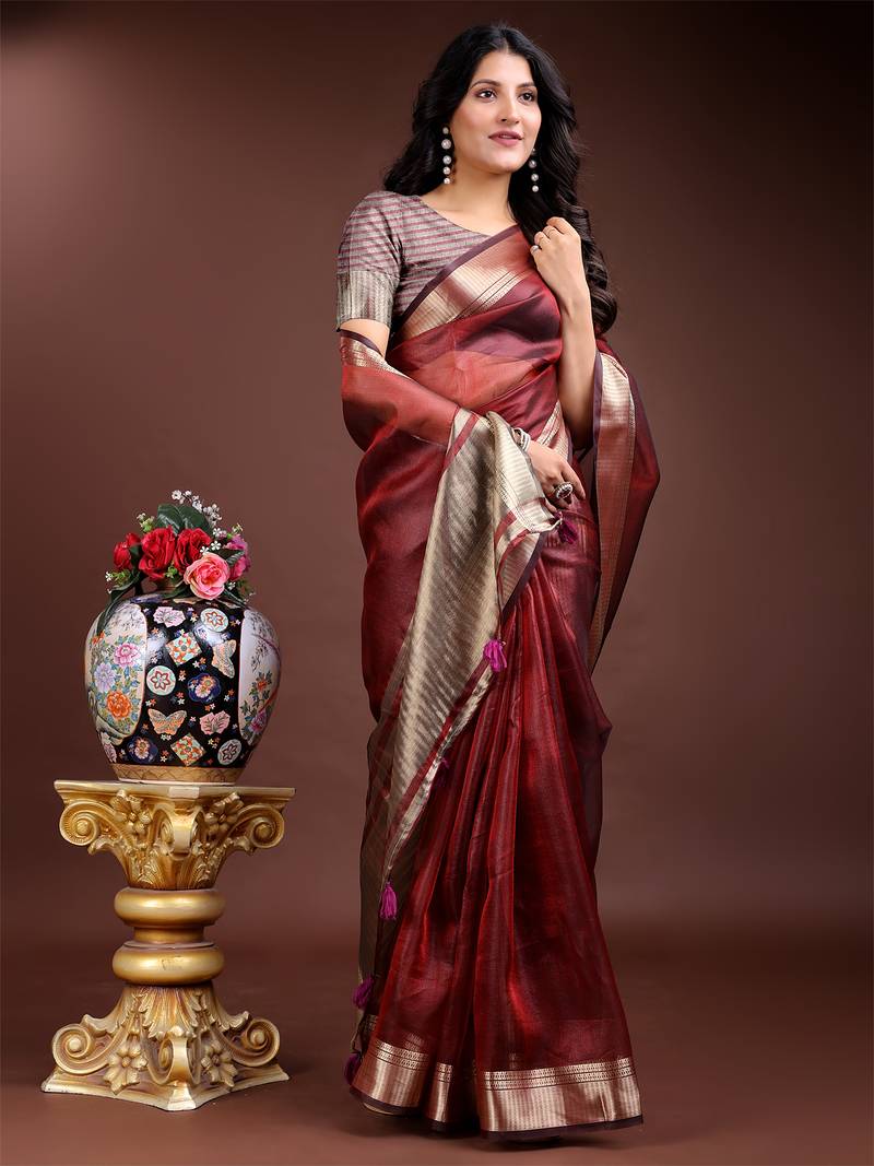 red color solid zari border plain orgenza saree