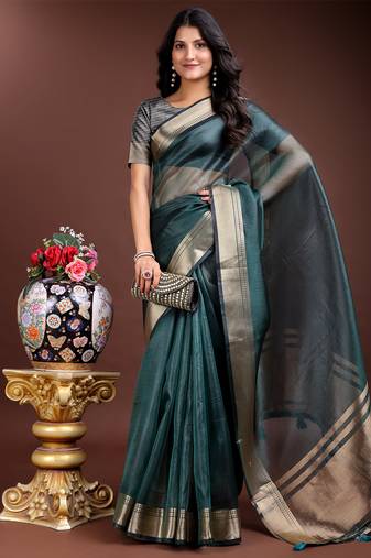 sea green color solid zari border plain orgenza saree