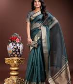 sea green color solid zari border plain orgenza saree