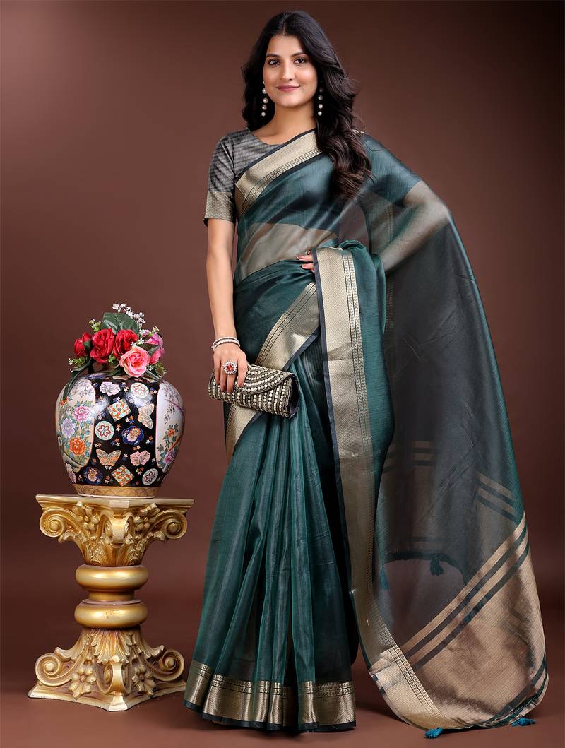 sea green color solid zari border plain orgenza saree