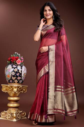 magenta color solid zari border plain orgenza saree