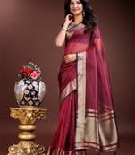 magenta color solid zari border plain orgenza saree
