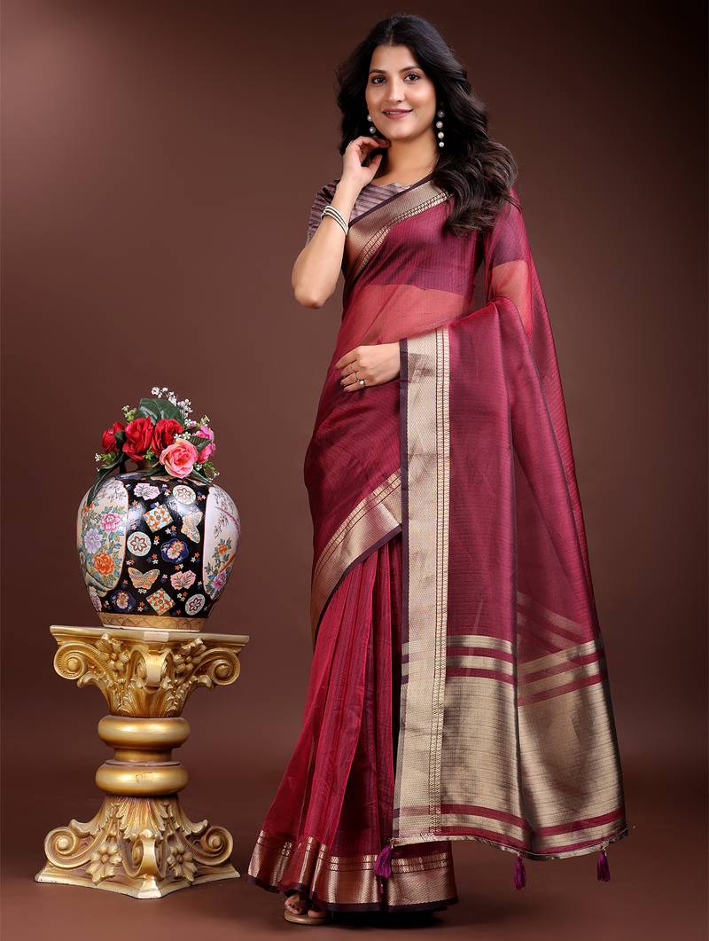 magenta color solid zari border plain orgenza saree